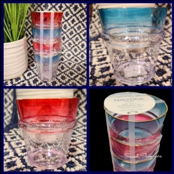 8 Nautica Outdoor Indoor Acrylic Gold Rimmed Red Blue Patriotic Drink Glasses - Picture 1 of 6